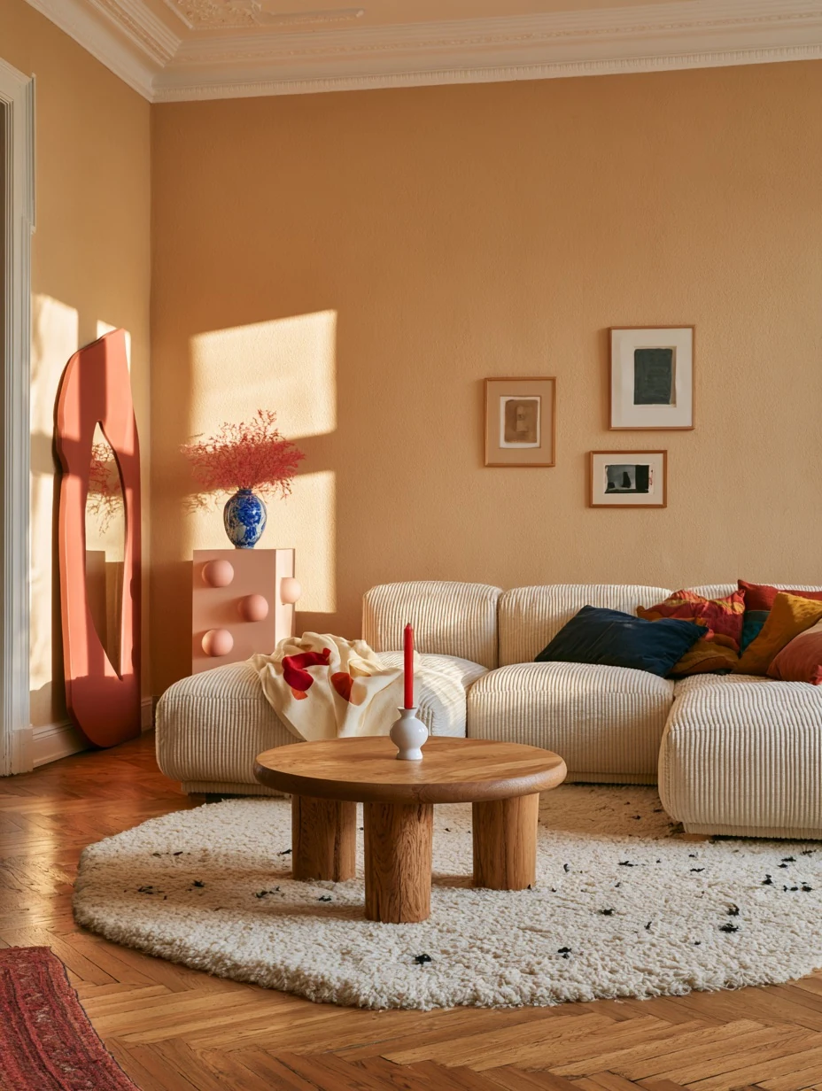 Playful scandinavian living room with pink walls
