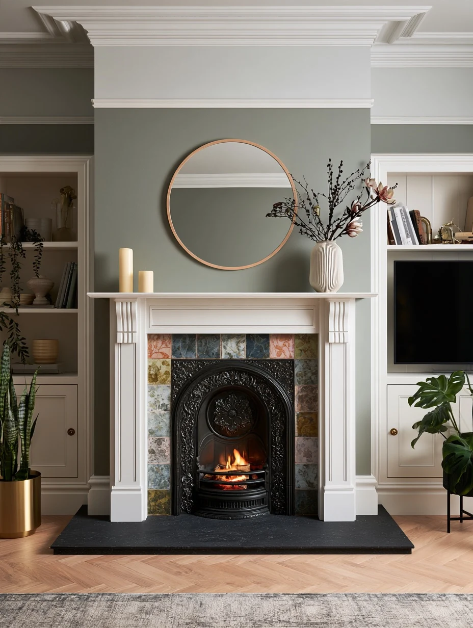 Elegant Living Room with Victorian Fireplace and Sage Green Walls
