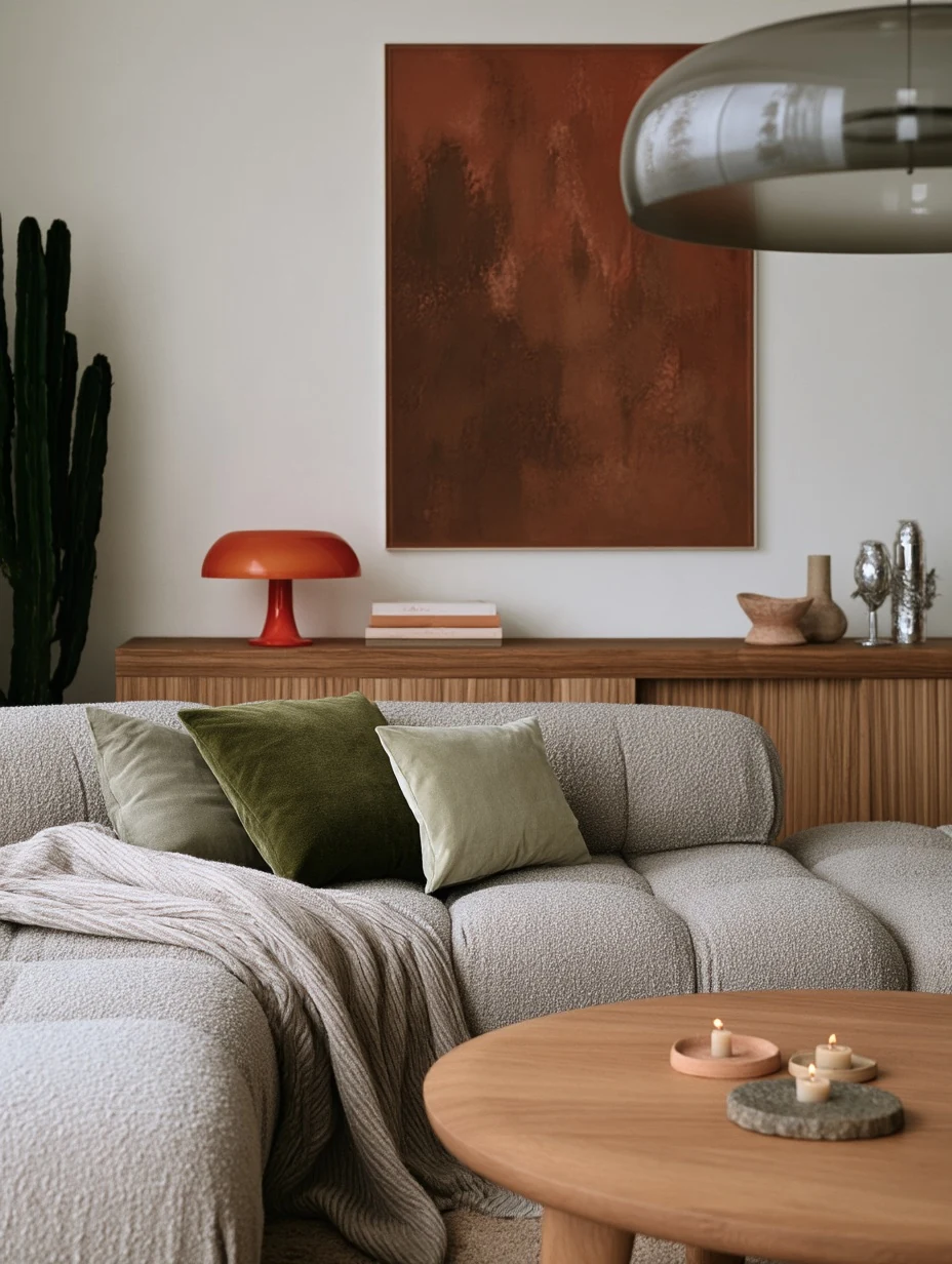 Japandi Living Room with Bouclé Sofa and Warm Wood
