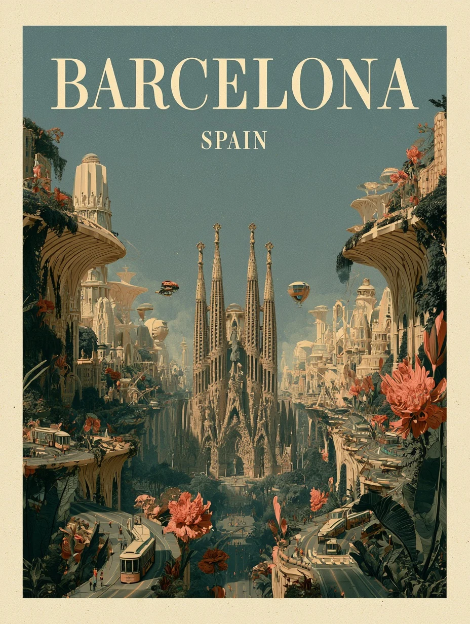Retro-futuristic poster of Barcelona