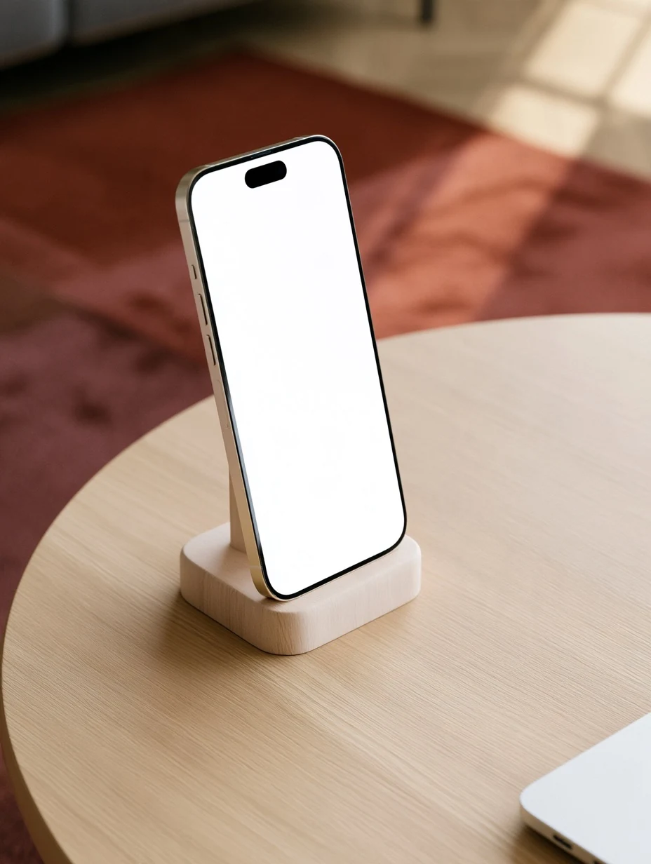 Standing iPhone Mockup on Wooden Desk