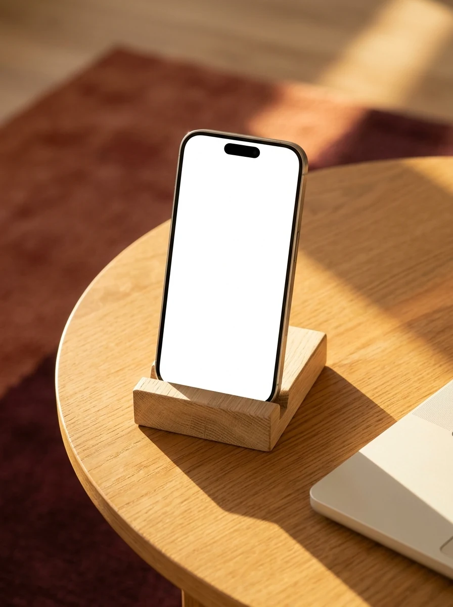 Standing iPhone Mockup on Wooden Desk