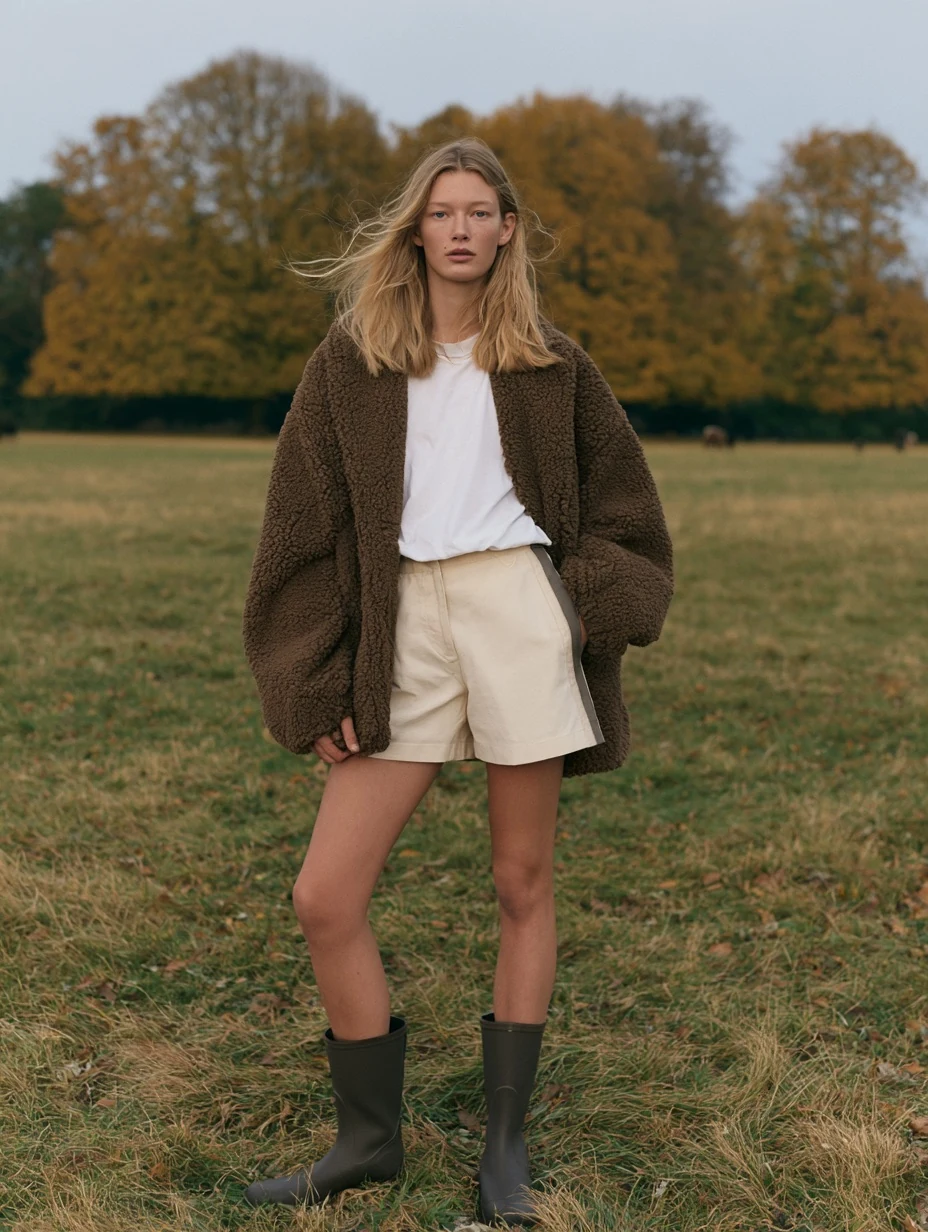 Autumn Outdoor Fashion Editorial Prompt with Model in Oversized Jacket and Rubber Boots