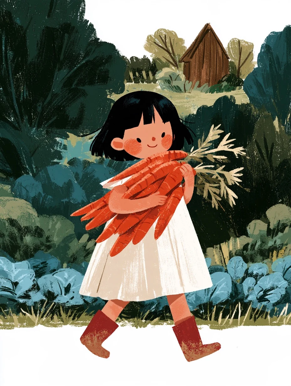 Hand-Painted Storybook Illustration of a Girl with Carrots