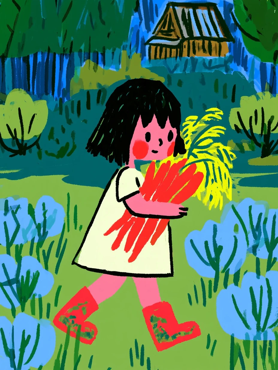 Naive Children’s Illustration of a Girl Carrying Carrots