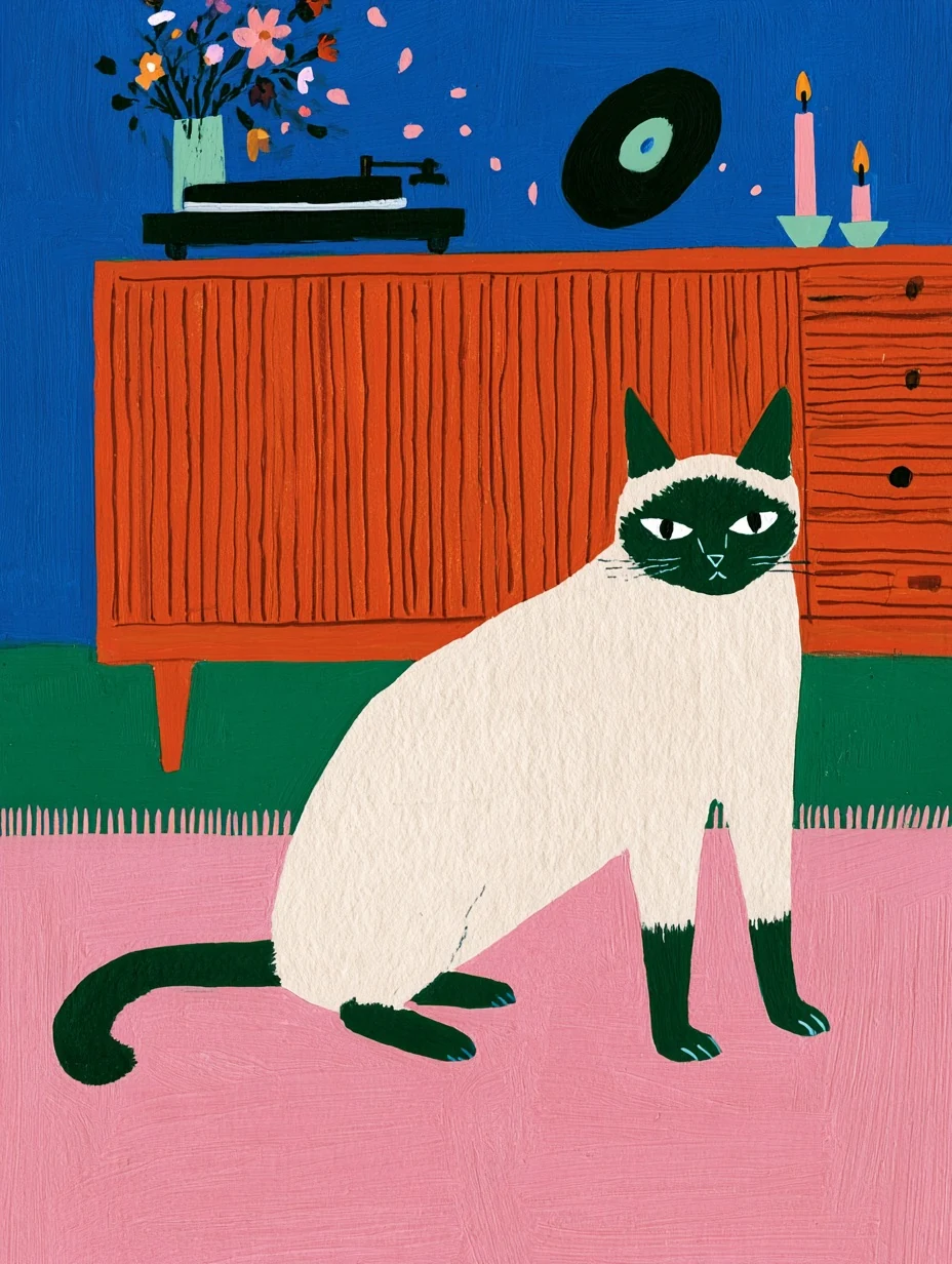 Retro Siamese Cat Illustration in Mid-Century Folk Art Style