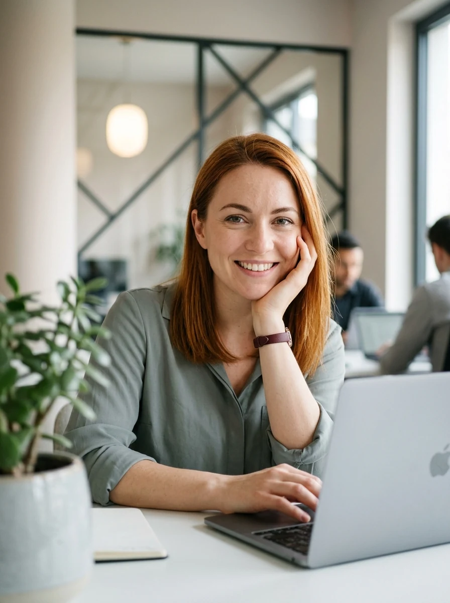 Smiling Woman with Laptop for Banking and Financial Services