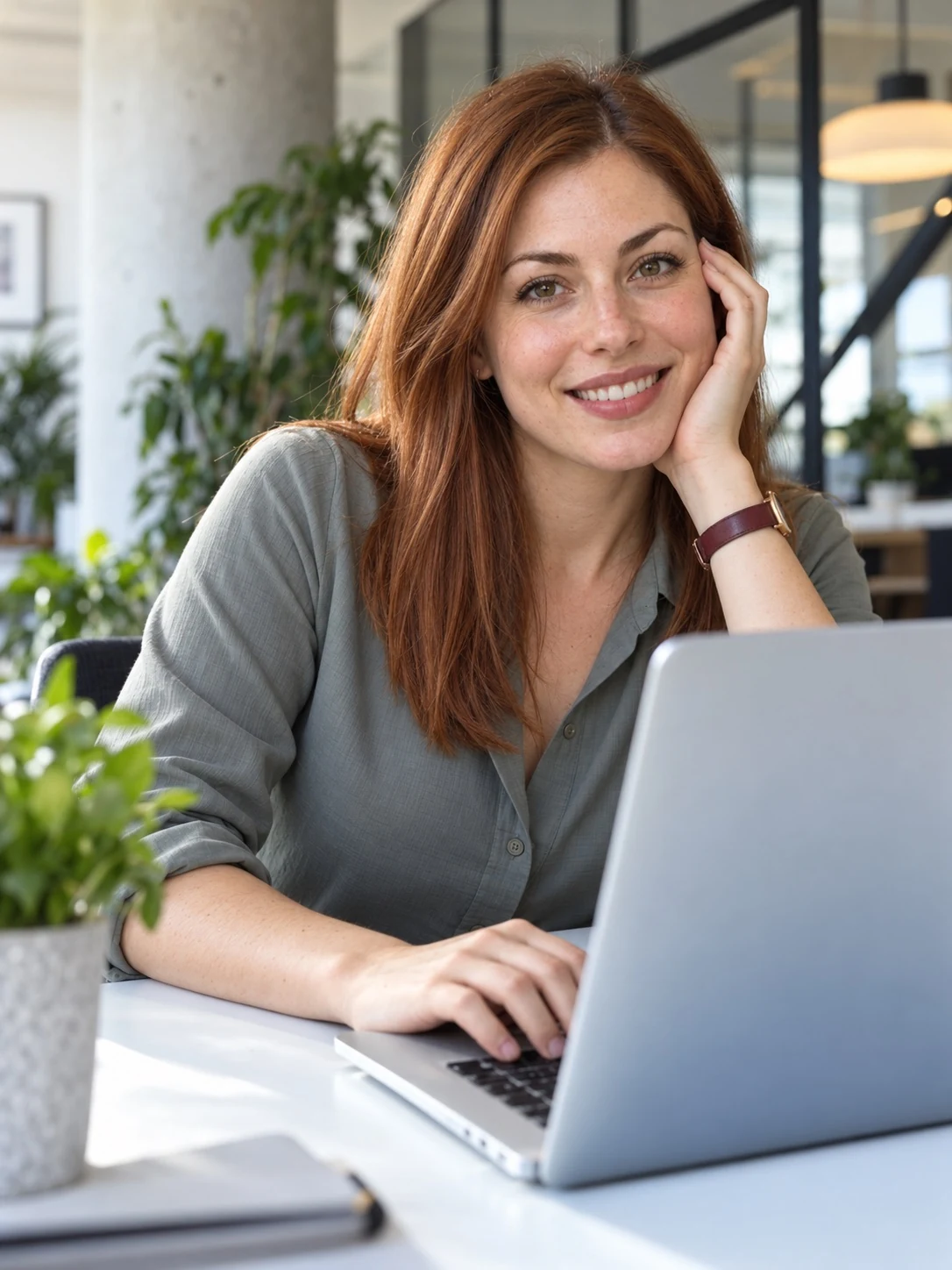 Smiling Woman with Laptop for Banking and Financial Services