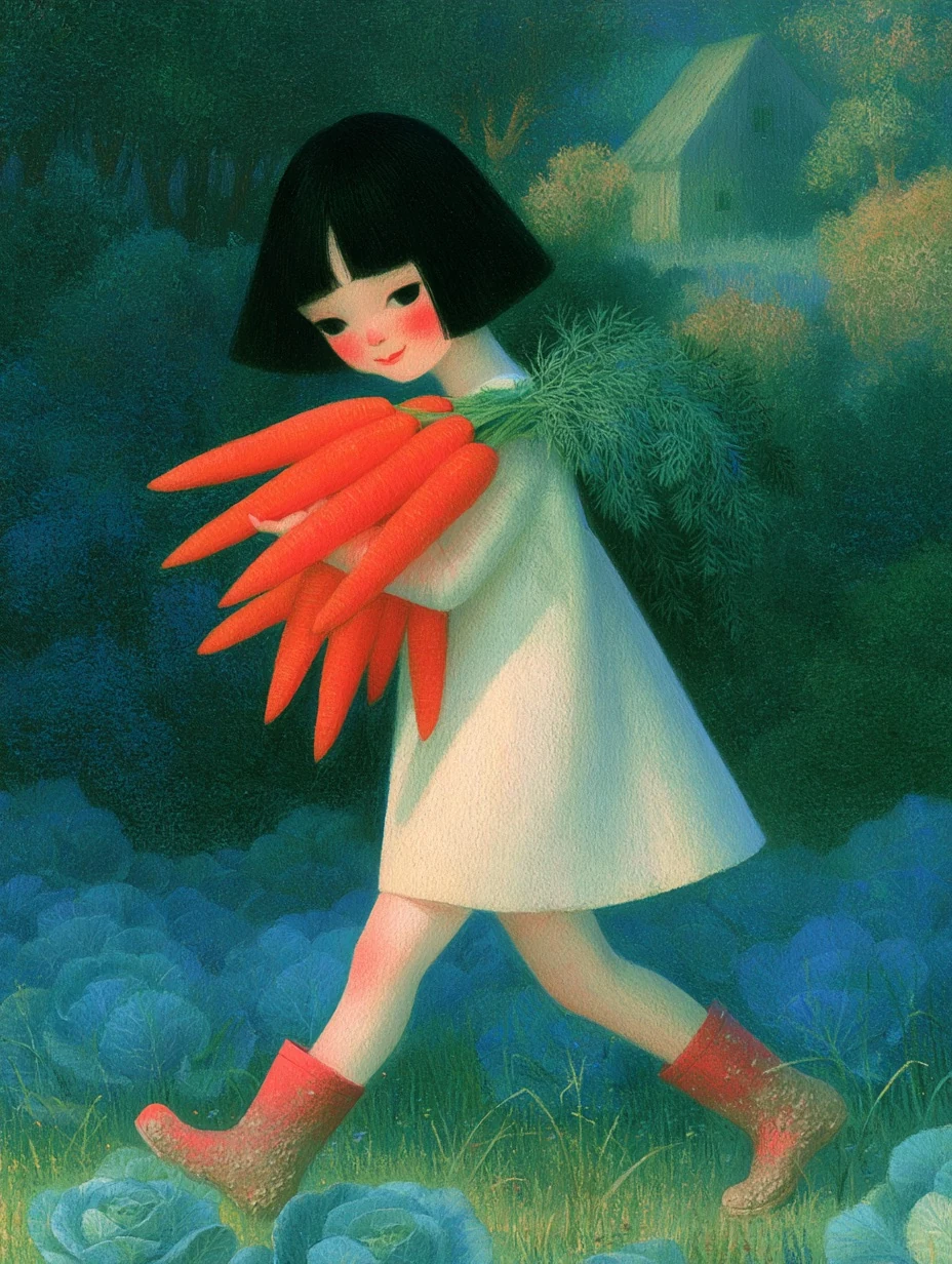 Storybook Illustration of a Little Girl Carrying Carrots
