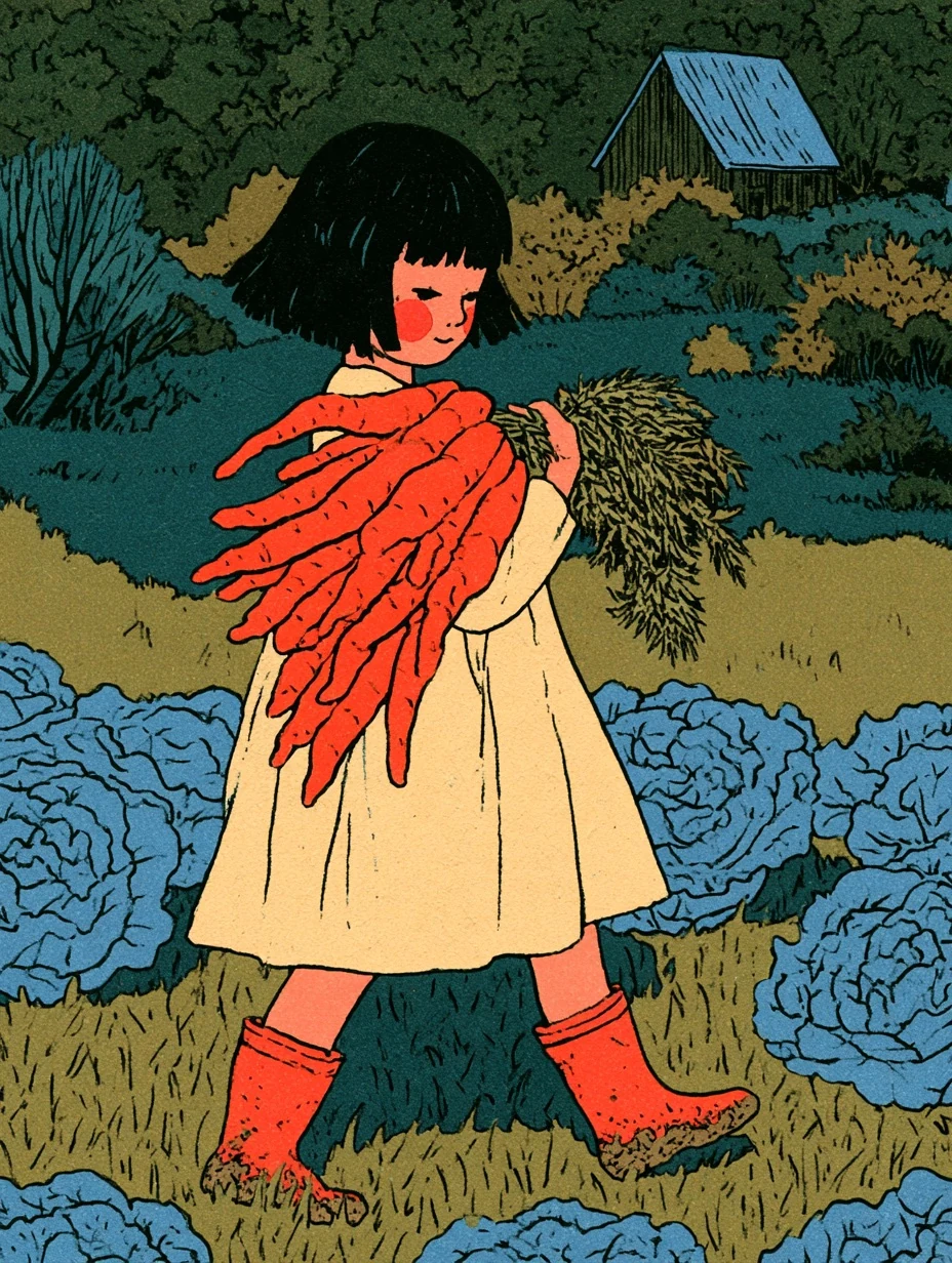 Vintage Linocut-Style Children’s Storybook Illustration