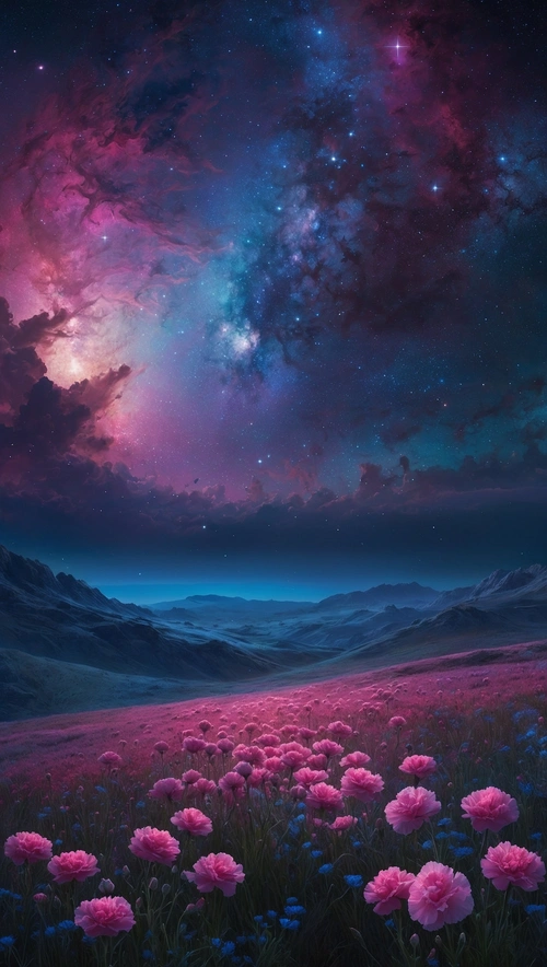 A Cosmic Pastoral Dreamscape: Neon Blooms and Starry Skies