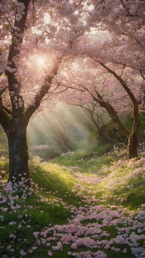 A Whimsical Forest Dream with Cherry Blossoms and Sunlit Canopies  