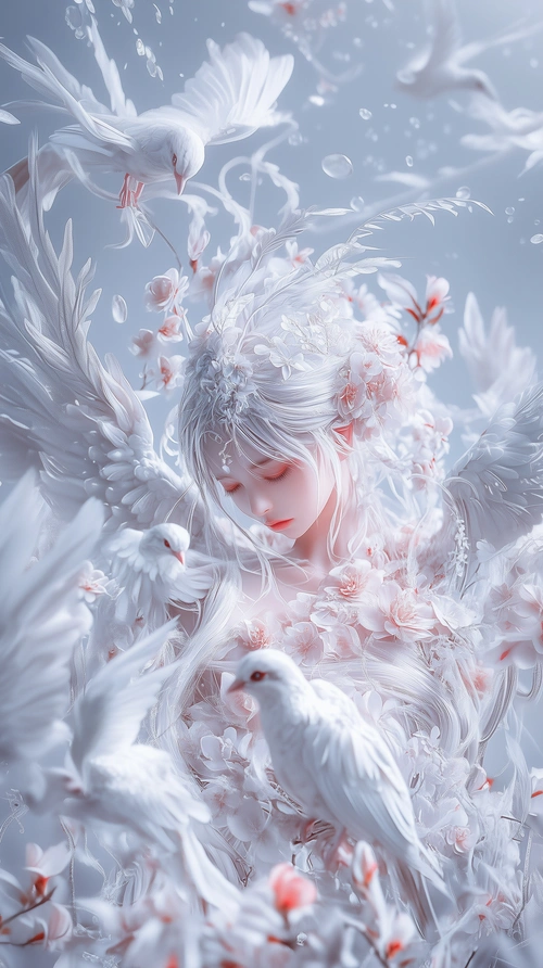 Beautiful girl with white hairs surrounded by birds, fantasy