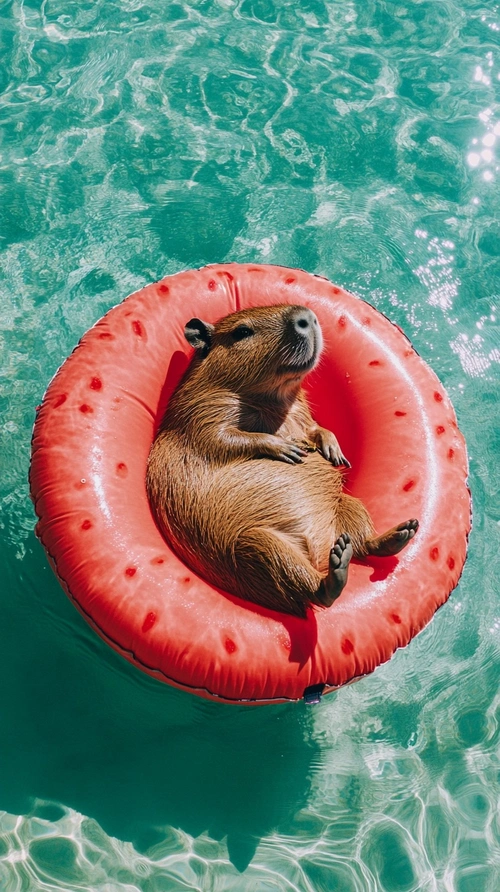 Capybara lounging on waterlemon float tube