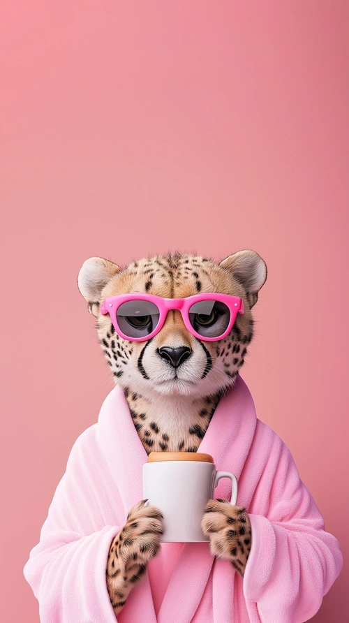 Cheetah wearing pink sunglasses and a bathrobe, holding a coffee cup