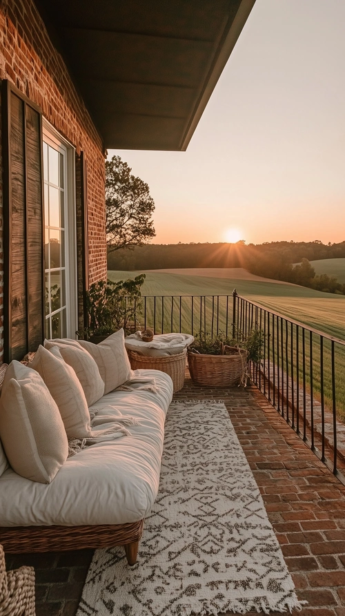 Comfy balcony on farmhouse, sunset