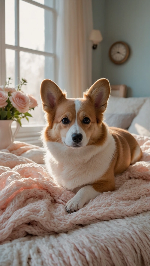 Corgi on Pastel Blanket with Sunlit Roses