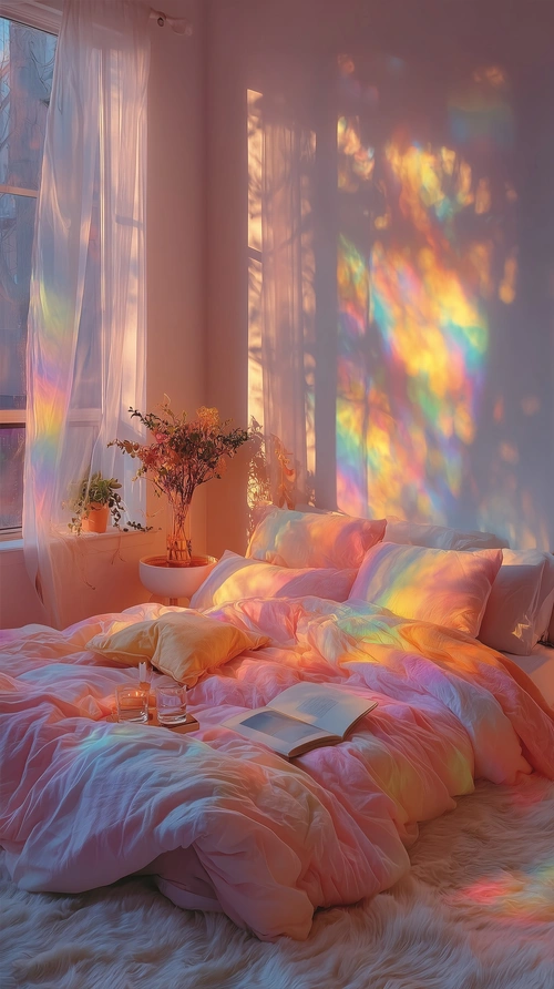 Cozy bedroom, holographic light
