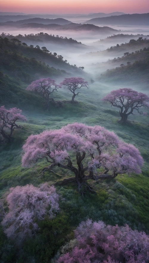Dreamlike Dawn: A Pastel Mist-Laden Landscape