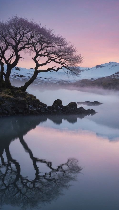 Ethereal Dawn Over Iceland's Misty Lake