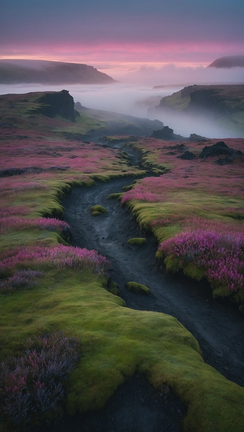 Ethereal Icelandic Dawn: A Foggy Path Through Volcanic Mystique