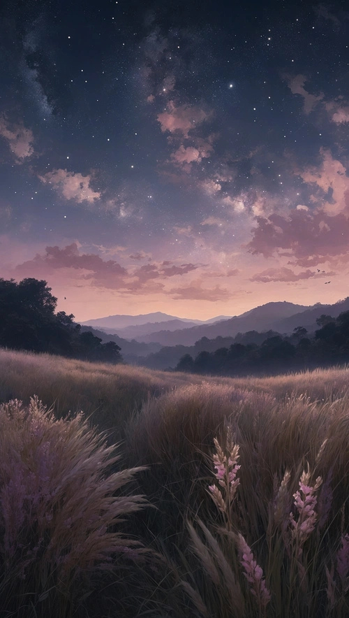 Ethereal Nightscape with Butterflies and Wheat