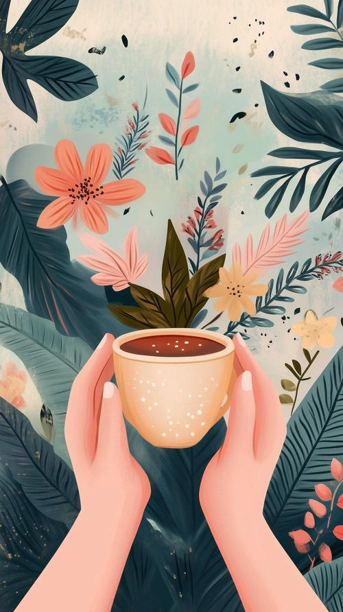 Floral wallpaper, hands holding cup of tea