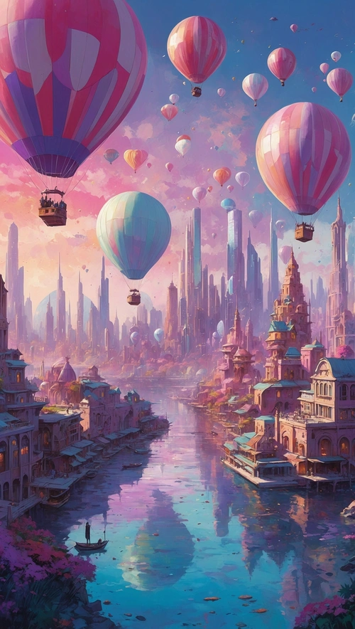 Futuristic Anime Shoreline with Air Balloons and Dynamic Architecture