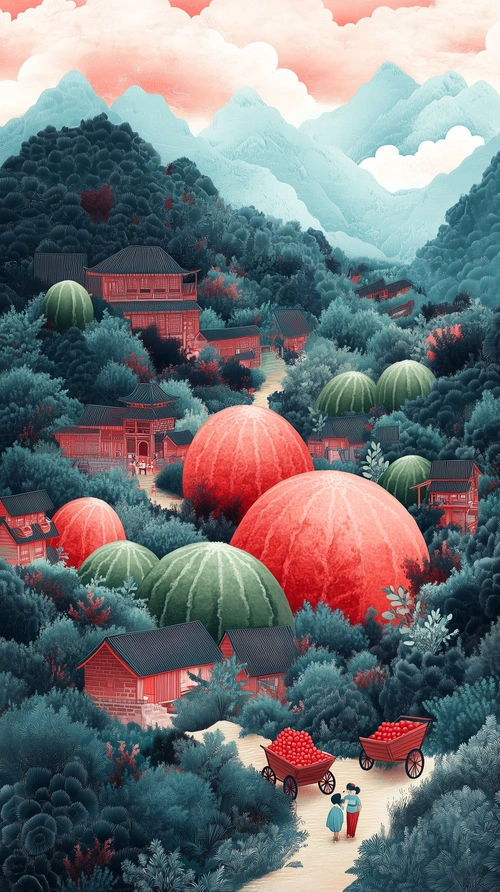 Huge watermelons in Japan, surrealism illustration