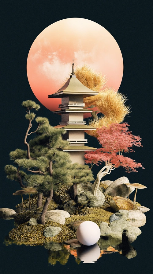 Japanese garden wallpaper, illustration