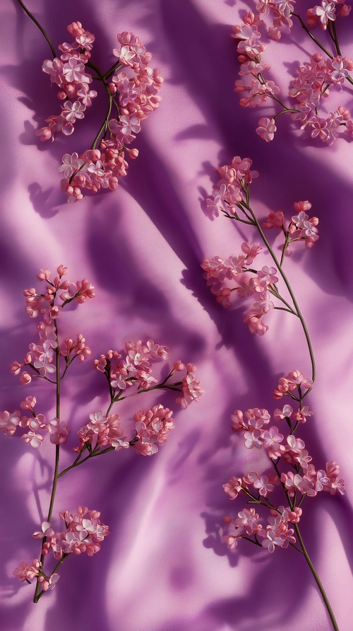 Lilac flowers on purple background, flat lay