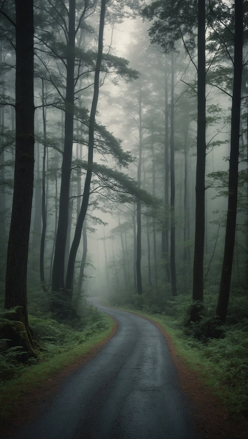Misty Path Through Serene Forest, Moody Film Photography