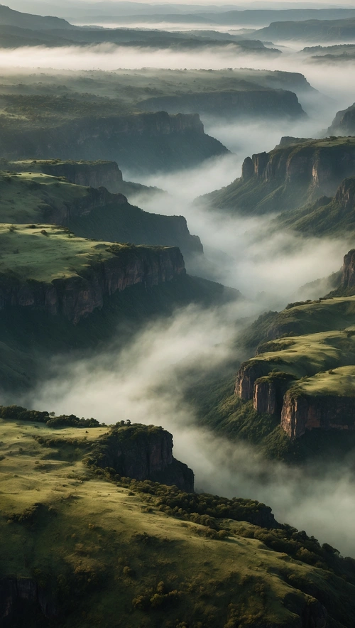 Moody Canyon in Mist: A Serene Aerial Perspective