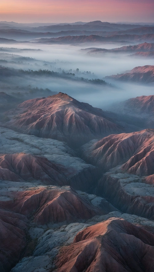 Mysterious Fog-Covered Alien Landscape at Dawn