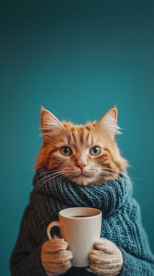 Orange cat in a sweater, holding coffee