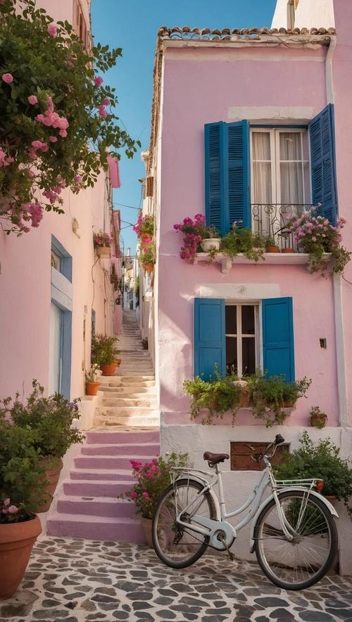 Pastel Grecian Serenity: A Dreamy Street Scene