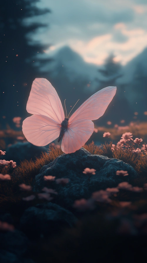 Pink butterfly in a fantasy meadow, soft light