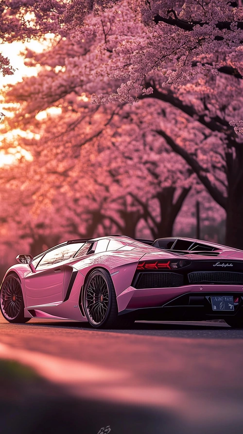 Pink Lamborghini Aventador Roadster under cherry blossom trees