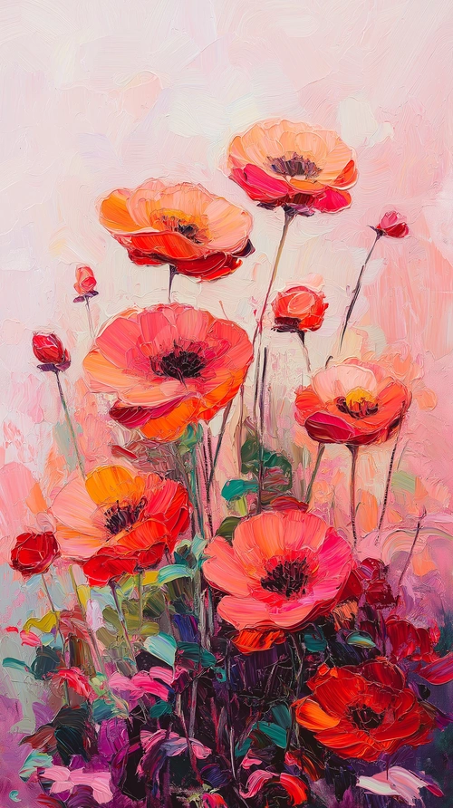 Poppy flowers, oil painting, pink tones