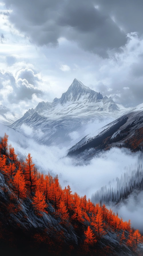 Snow-covered peaks, autumn trees, cloudy sky