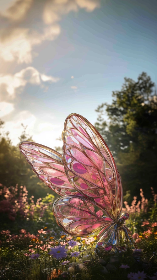 Sunny meadow with butterfly from glass