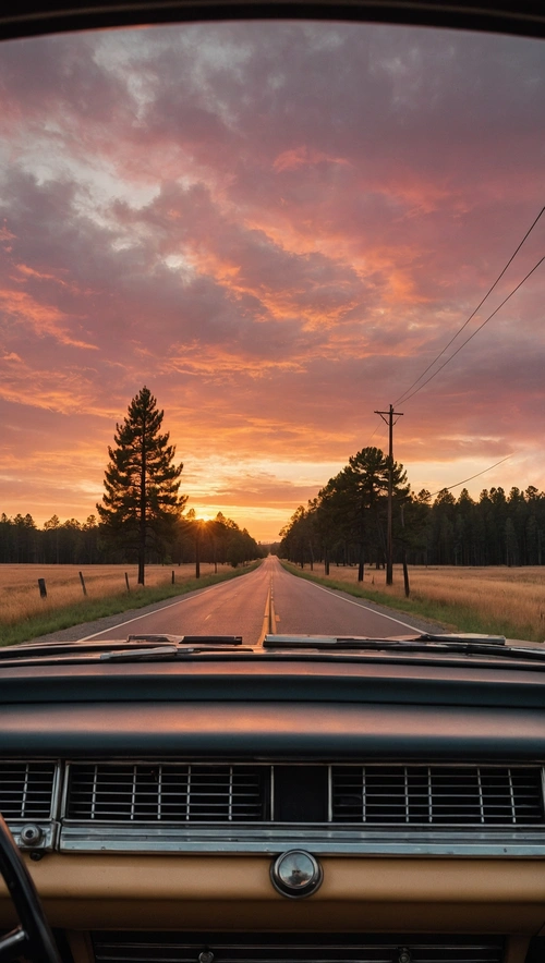 Sunset Drive Along Cypress-Lined Roads, Vintage Nostalgia