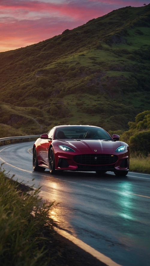 The Serene Symphony of Speed: A Vibrant Sports Car Race Along Sunset Shores  