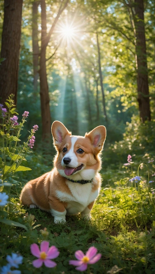 Whimsical Forest Adventure: Corgi Puppy Playtime