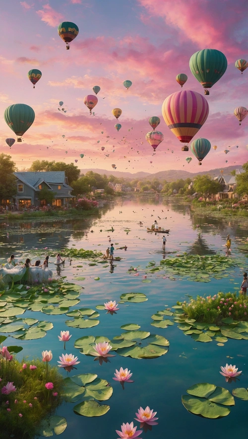 Whimsical Shopping Adventure Among Floating Lily Pads at Sunset